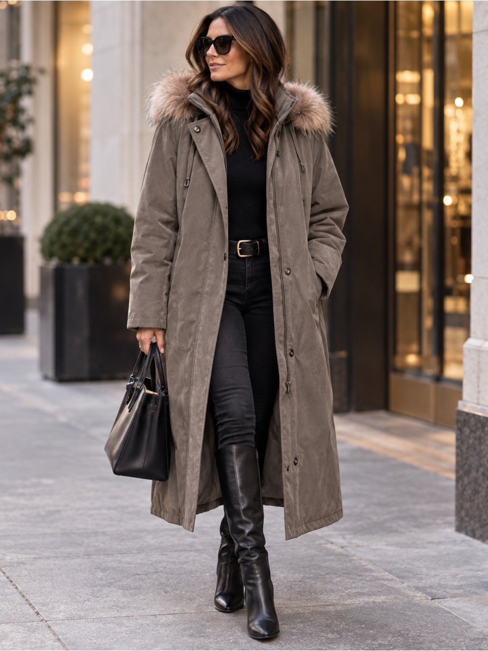 Fleet Street Taupe Gray Full Length Faux Fur Hooded Coat Oversized Fit